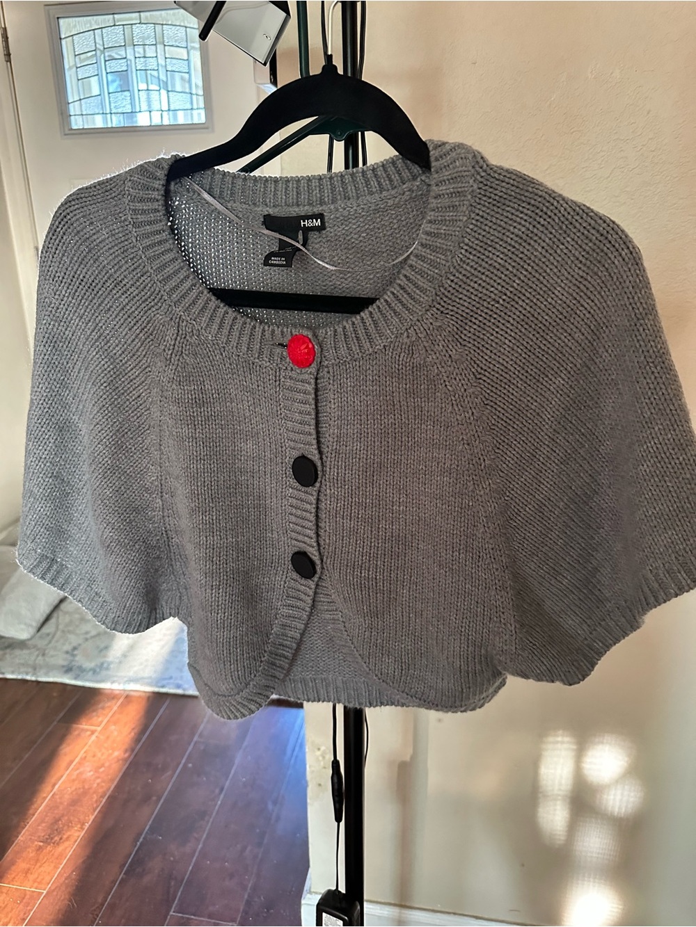 H&M Gray Cropped Knit Shrug with Red Accent Button